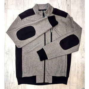 Kenneth Cole Mens Knit Sweater Jacket Gray Black Marled Zip Up Elbow Patch Large